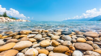 Clear stream of mineral water flowing over smooth pebbles, sunlight dancing on the surface, an invigorating and fresh feeling