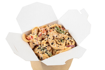 Wok in paper container on white background. Chinese noodles