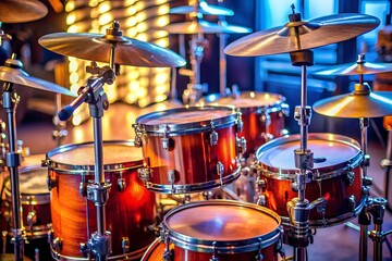 Obraz premium Drumkit Detail A tight shot of a drumkit, highlighting the meticulous arrangement of drums and cymbals.
