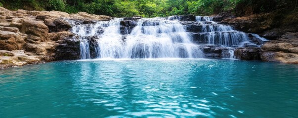 Fototapeta premium Untainted waterfall of raw mineral water cascading into a serene pool, the scene evoking the primal satisfaction of quenching a deep thirst