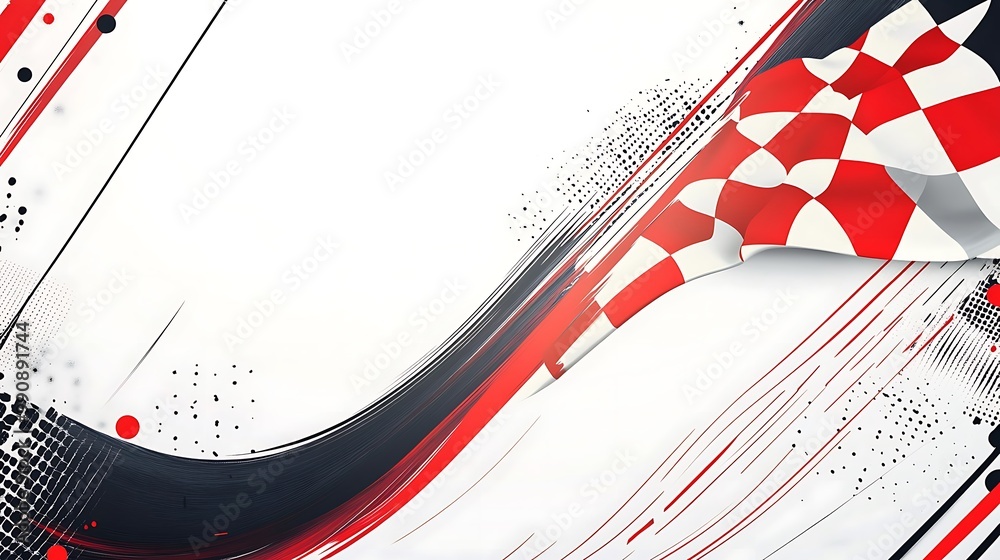 Poster Checkered flag waving on a white background with red and black abstract design elements.