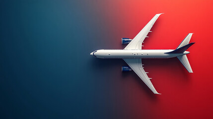 Vector design featuring a white airplane on a red and blue background in a minimalist style, offering open space for travel-related messages.