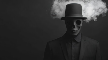 A mysterious figure with a skull head and hat, surrounded by a cloud of smoke, creating an eerie and captivating atmosphere.