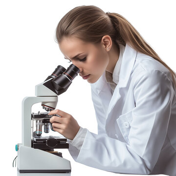 Female student in lab coat looking through microscope isolated on transparent background