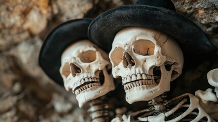 Fototapeta premium Two stylish skeletons in black hats, symbolizing humor and the macabre, perfect for Halloween or themed decor.