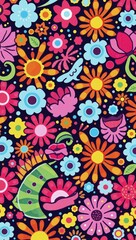 Fototapeta premium A colorful floral pattern on a black background.