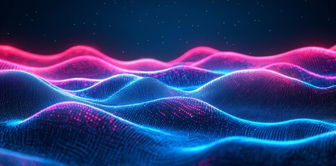 Fototapeta premium Abstract digital landscape with blue and pink glowing waves.