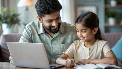 An Indian parent helping their child with homework, highlighting a nurturing and supportive relationship.
