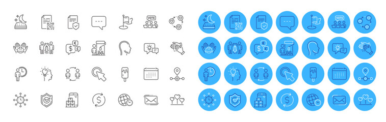 Messenger mail, Insurance policy and Dollar exchange line icons pack. Station, Head, Online voting web icon. Calendar, Love heart, Clapping hands pictogram. Painter, Friends community. Vector