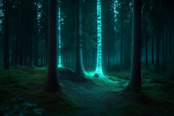 Fototapeta premium Majestic bioluminescent trees glowing in a dark forest, illuminating the surroundings with a magical glow. -