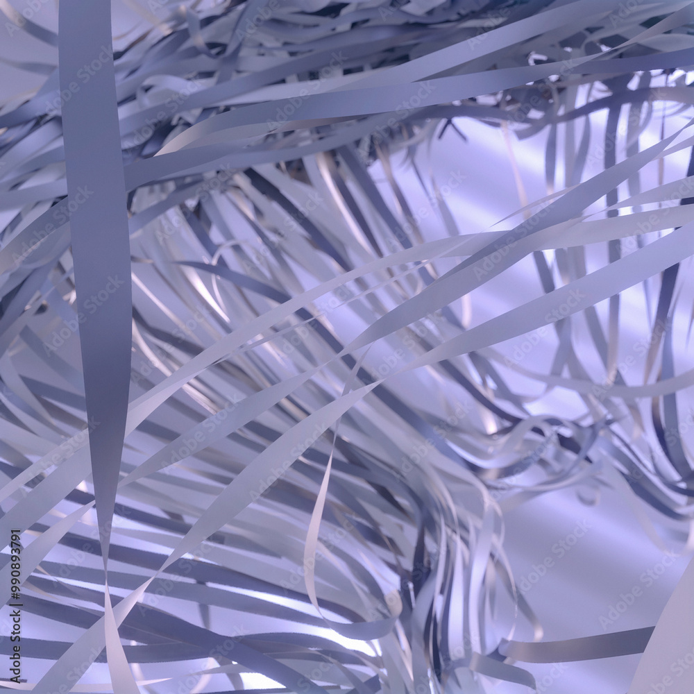 Leinwandbilder Digital illustration of complex abstract composition with intertwining ribbons and threads of fabric in metallic silver color. Abstract and modern style. 3d rendering