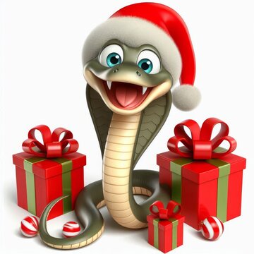 recommend clip art: 3D cartoon cobra wearing Santa hat surrounded by Christmas gift boxes and ornaments. Holiday mascot. Christmas and New Year celebration concept. Isolated on white background