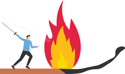 save assets from financial crisis or economic recession, stop loss to avoid market crash or banking collapse, businessman preparing to cut burning matchsticks so that the fire does not burn others


