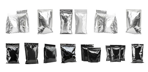 white  and black blank aluminum foil food packing bags set  isolated on transparent or white background
