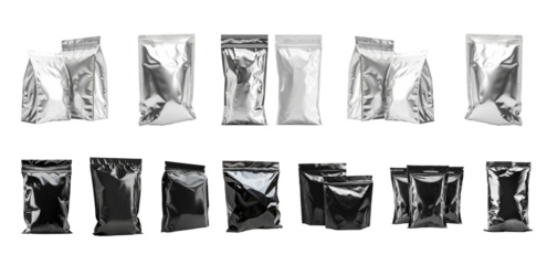 white  and black blank aluminum foil food packing bags set  isolated on transparent or white background
