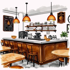 A drawing of a coffee shop with tables and chairs.