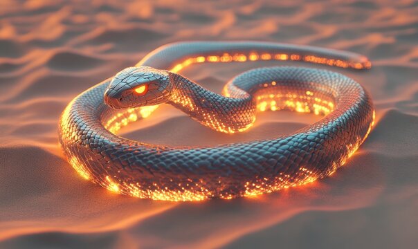Glowing metallic snake on sand.