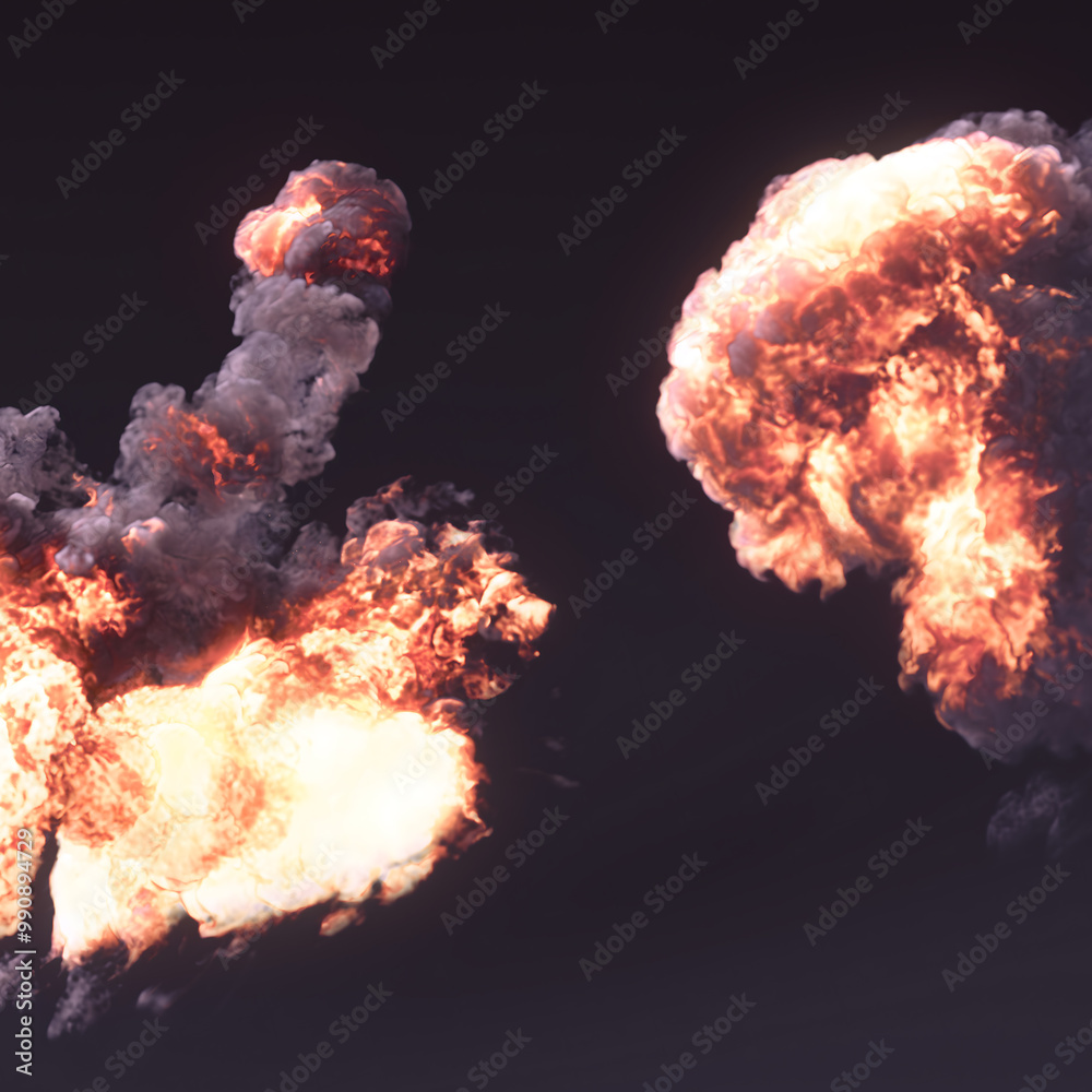 Poster massive fiery explosions with plumes of dark smoke illuminating a black background. 3d rendering dig