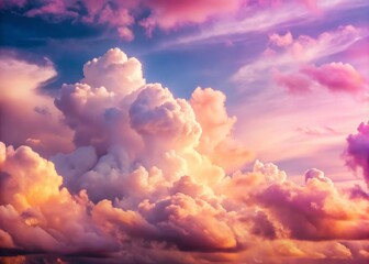 Fluffy clouds drift lazily across a radiant pink sky, creating a peaceful and otherworldly setting that whispers sweet