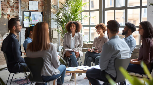 Corporate business team meeting with a manager or coach. Group of happy diverse, multiracial people sitting in a circle around a standing woman in an office. generative ai.