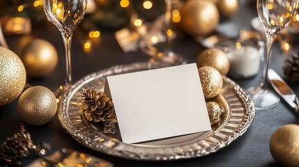 Fototapeta premium Elegant table setting with blank card, gold decorations, and festive ornaments, perfect for holiday celebrations and invitations.