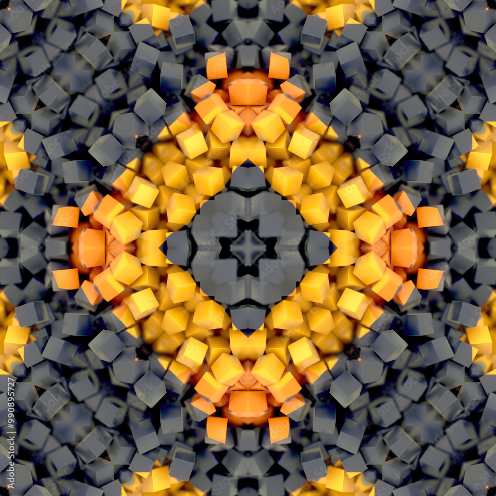Aufkleber Optical illusion of a symmetrical pattern of small colored three-dimensional cubes. The illustration style is reminiscent of a digital mosaic or fractal pattern. 3d rendering