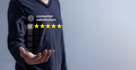 Consumer Satisfaction, Young Man hand with five star to review and give 5 stars with very good...