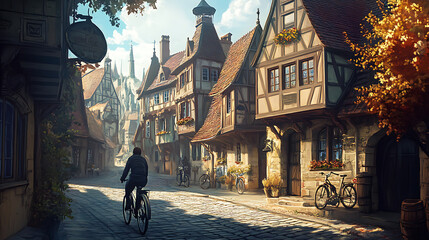 Charming background with a cyclist exploring a picturesque vineyard, featuring rows of grapevines, rolling hills, and a scenic trail