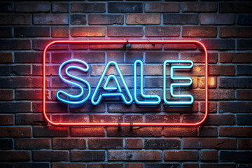 Obraz premium A neon sign that says Sale is lit up on a brick wall. The sign is red and blue and is illuminated, drawing attention to the sale. The brick wall provides a contrast to the bright colors of the sign