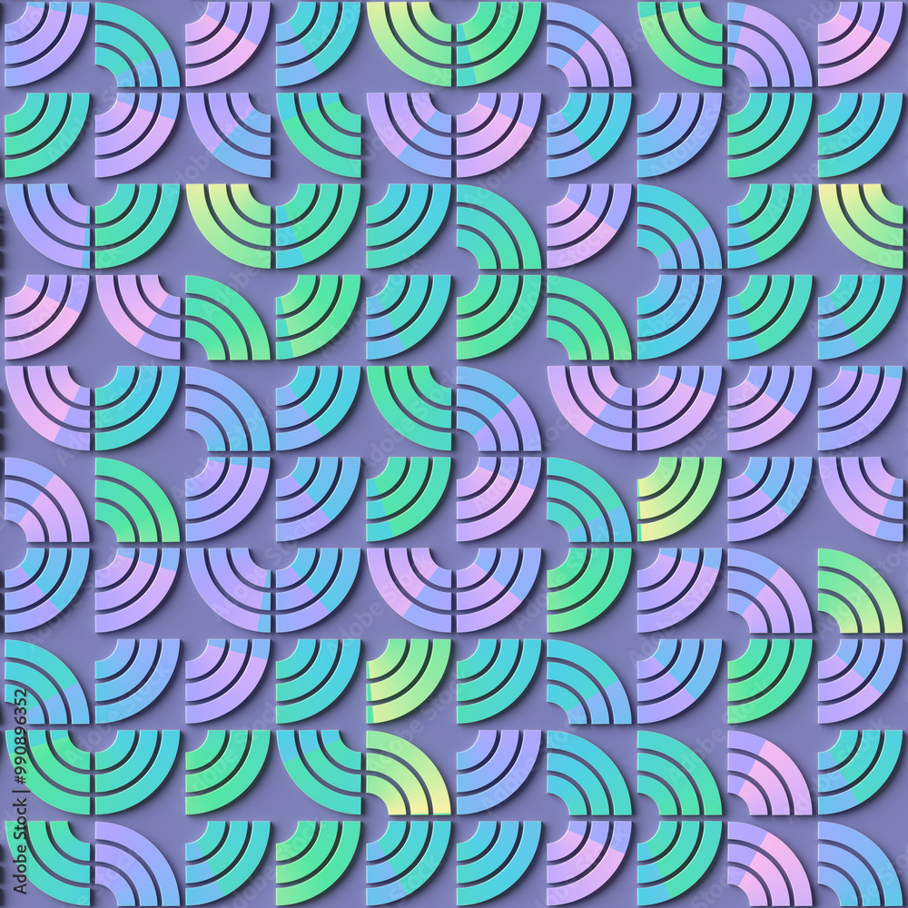 Poster Pattern of interlocking abstract shapes resembling stylized waves with neon gradient. Color palette with shades of purple, blue, green. 3d rendering digital illustration