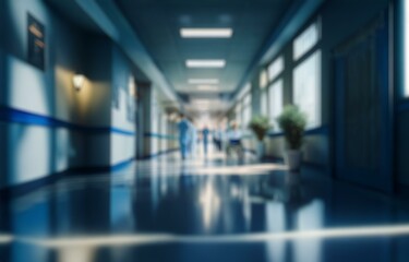 A blurry view down a hospital corridor, with bokeh from the lights and windows.