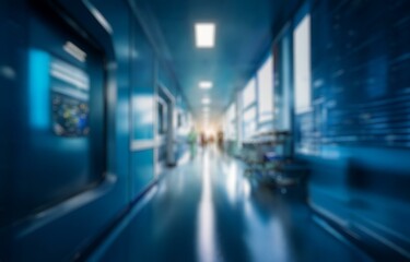 Fototapeta premium A blurred image of a hospital corridor with a bright light at the end of the hall.