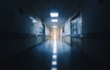 Obraz premium Blurry, out-of-focus view of a hospital hallway, with a bright light at the end.