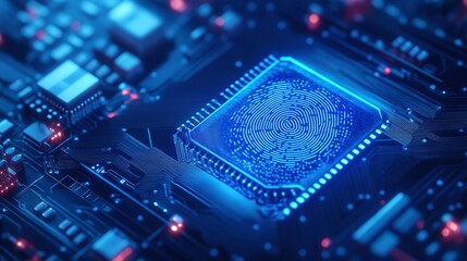Obraz premium Close-up of a glowing microchip, blue lights, and circuits. Digital identity privacy.