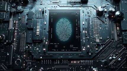 Fototapeta premium Digital circuit board with integrated components and patterns. Digital identity privacy.