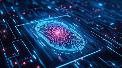 Digital fingerprint, vibrant neon background, technology concept Digital identity privacy.