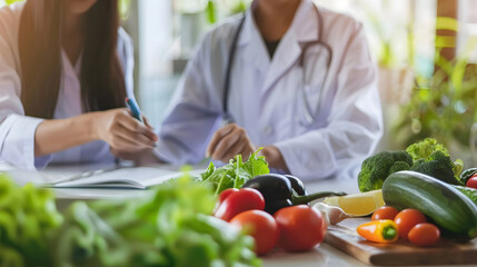 Dietician, female nutrition specialist consulting man, developing healthy diet, dietary programme. generative ai.