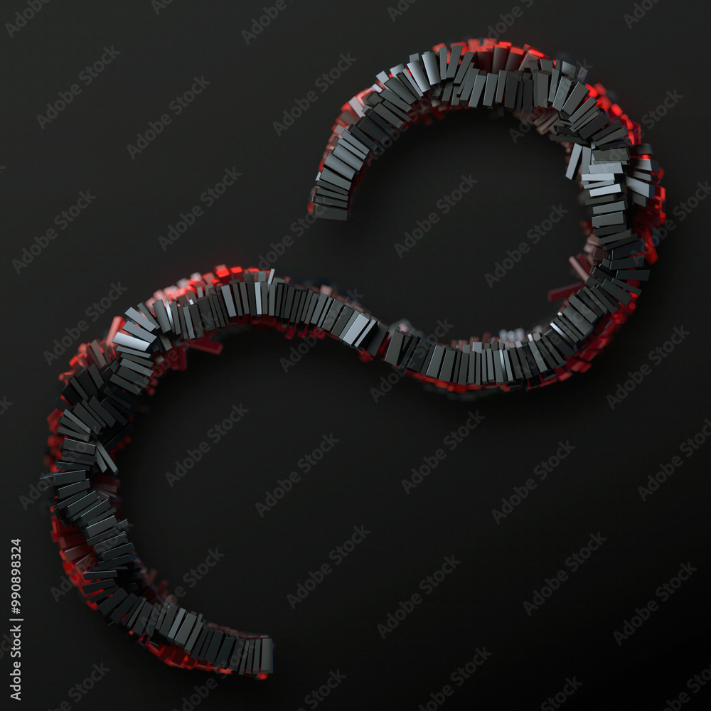 Poster Digital illustration of a curved element in the shape of a flowing wave, composed of many shiny metallic rectangles in black-red color. 3d rendering