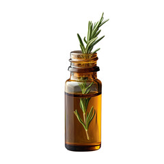 Glass amber bottle filled with aromatic essential oil and fresh rosemary on transparent background