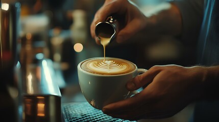 A barista skillfully pours espresso into a white cup, creating a latte art design, showcasing the craft of coffee-making.