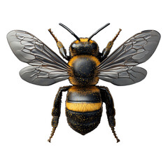 Detailed close-up illustration of a realistic bee with transparent background showcasing intricate wing and body textures