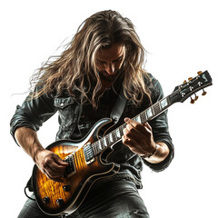Male musician with long hair playing electric guitar isolated on transparent background