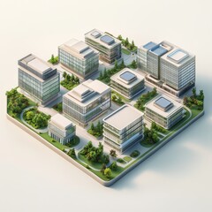 Obraz premium A modern architectural layout featuring office buildings and greenery.