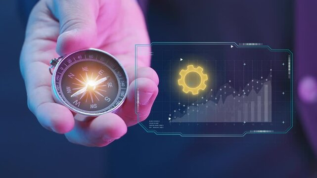 Business concept, an organization or enterprising entity engaged in commercial, industrial, or professional activities. Human hand holding compass to show neon line of Business icon on virtual screen.