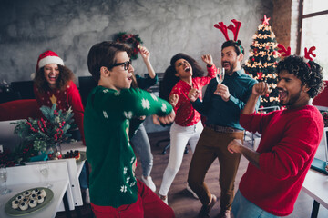 Portrait of company office workers good mood rejoice dance new year time loft office indoors