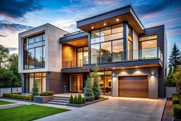 Fototapeta premium In an urban setting, a contemporary façade stands out with clean lines, large windows, and high-tech materials.