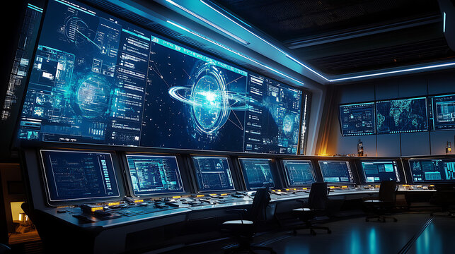 Glamorous background with an advanced space mission control centre, including large screens displaying spacecraft trajectories