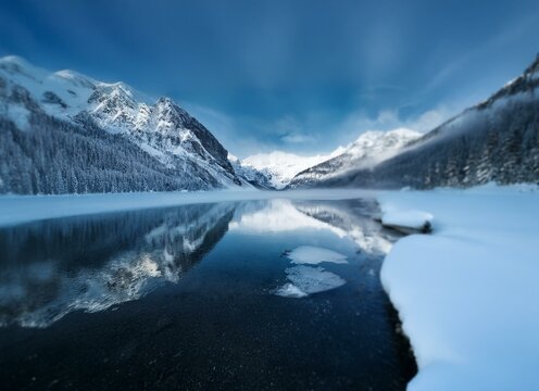 A mountain lake in the winter with a blue sky, snow covered mountains and trees reflected in the still water.