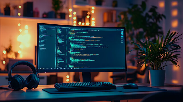 A computer setup with code on the screen, representing learning python for data engineering. main objects: monitor, keyboard, plant, headphones.
