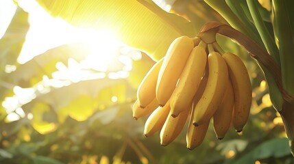 A close-up of ripe bananas hanging from a plant, illuminated by sunlight, surrounded by lush green leaves, creating a vibrant and fresh atmosphere.